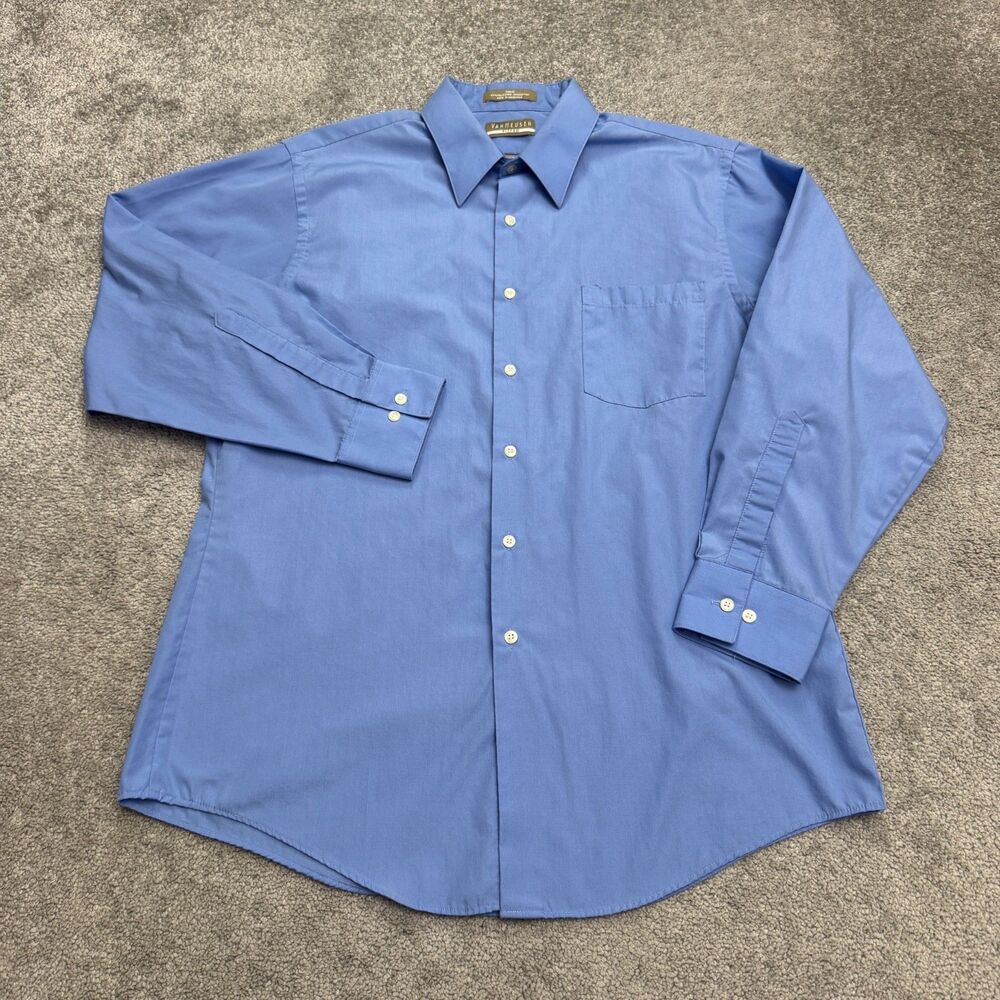 Van Heusen Fitted Wrinkle Free Poplin Dress Shirt Mens 16.5 32/33 Blue Cotton